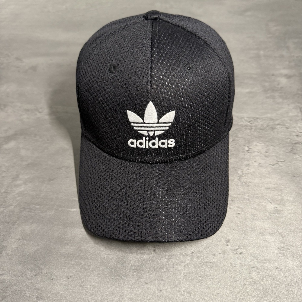 Vintage Adidas Hat Black White 2000s Y2K Mesh Running Gym Yoga Golf S/M Flex Fit